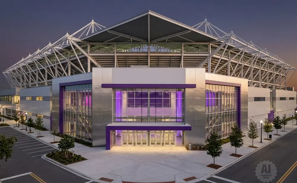A modern stadium at dusk with purple lighting and a silver exterior.