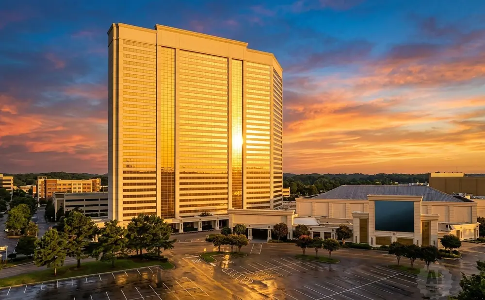 Golden skyscraper at sunset with a fiery orange and blue sky.