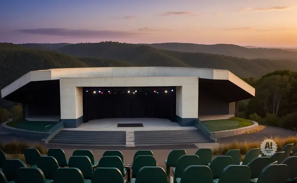 Outdoor amphitheater stage with hills and sunset in background, with empty seats in foreground.