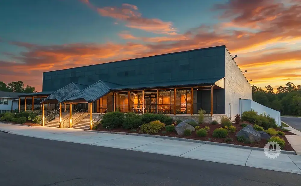 Modern building with large windows and covered entrance, set against a colorful sunset sky.