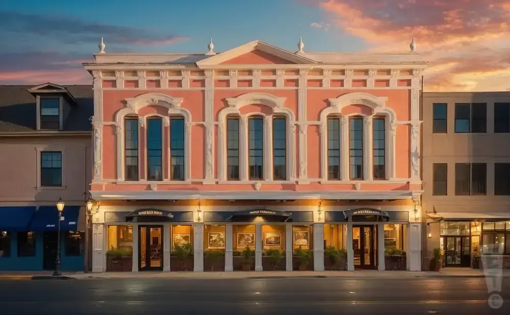 A pink historic building with ornate details stands on a street at sunset.