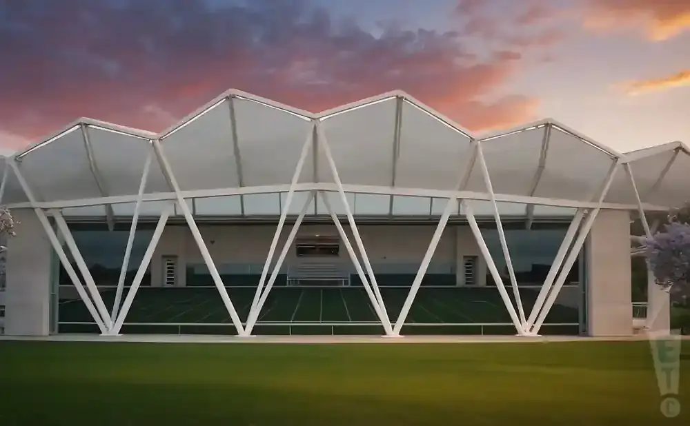 Modern stadium with a unique geometric roof structure at sunset.