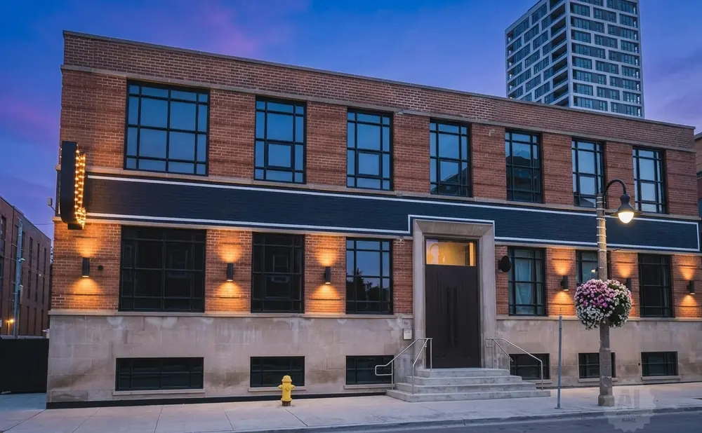 Exterior of a brick building with large windows, lit by wall sconces and a street lamp, at dusk.