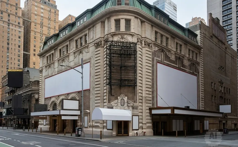 Exterior view of the Shubert Theatre on a city street, with blank billboards on its facade.