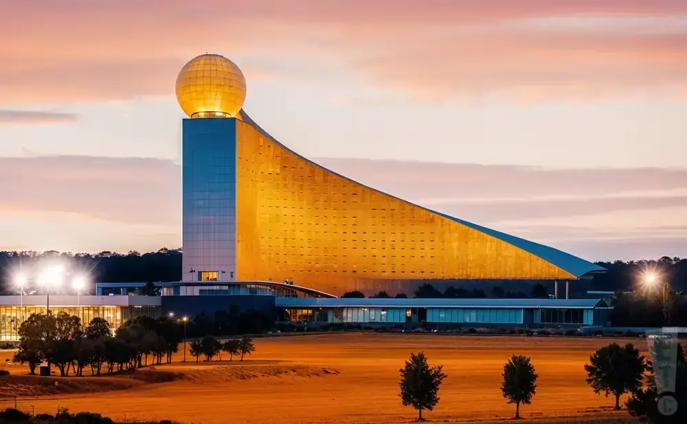 Golden sphere atop a modern building with a curved golden facade against a pink sky.