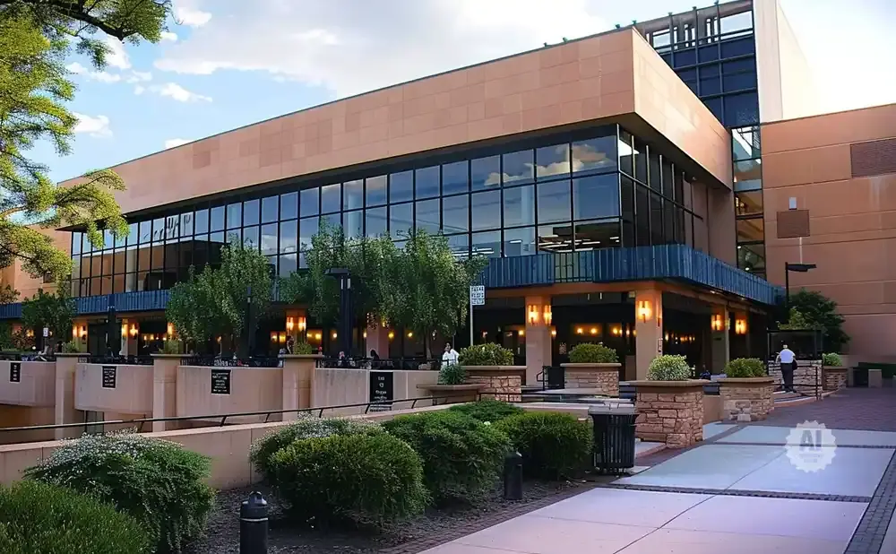 Modern building with large windows, outdoor seating, and landscaping.