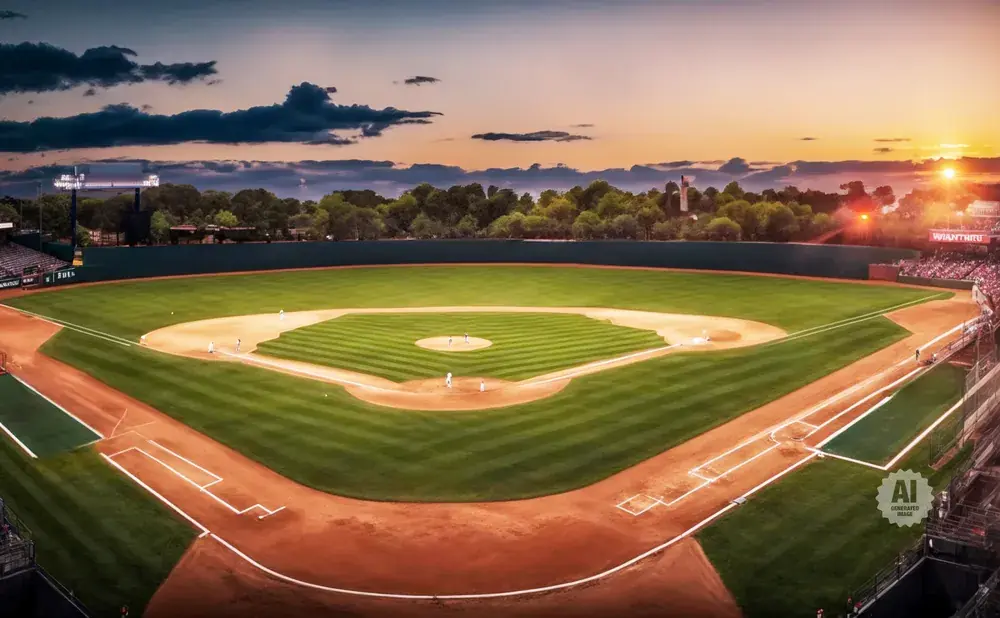 A baseball stadium at sunset with players on the field.