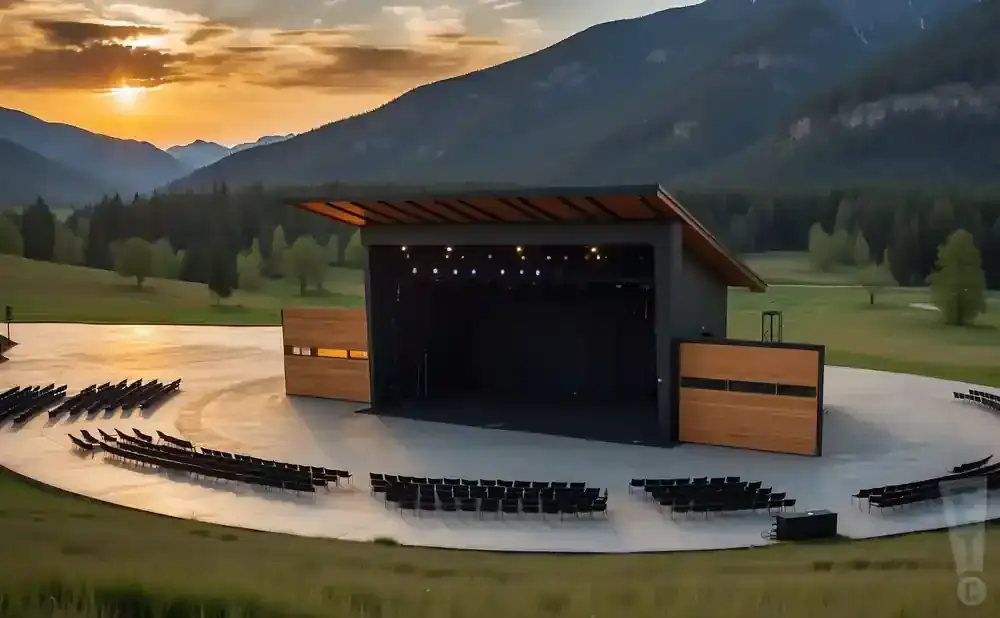 An outdoor amphitheater stage with seating in front of a mountain landscape at sunset.