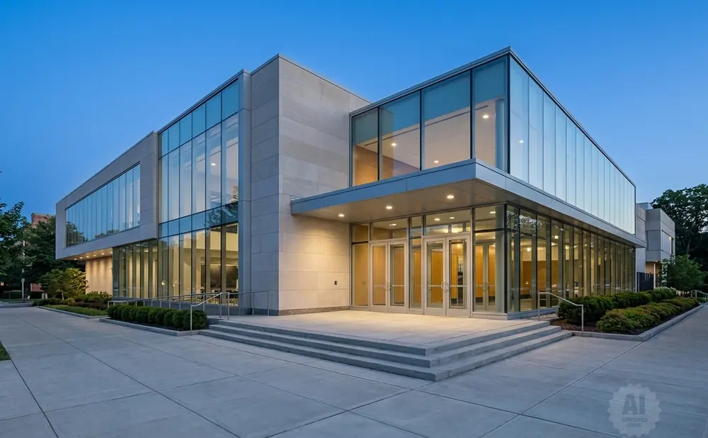 Modern glass and stone building with entrance stairs and landscaping at dusk.