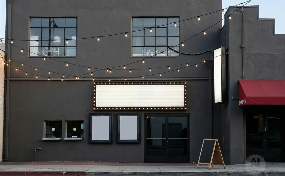 Exterior of a dark gray building with a marquee, string lights, and a red awning.