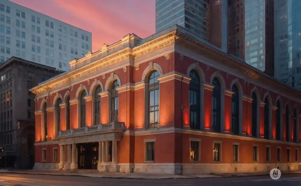 An ornate red building with arched windows is illuminated at dusk.