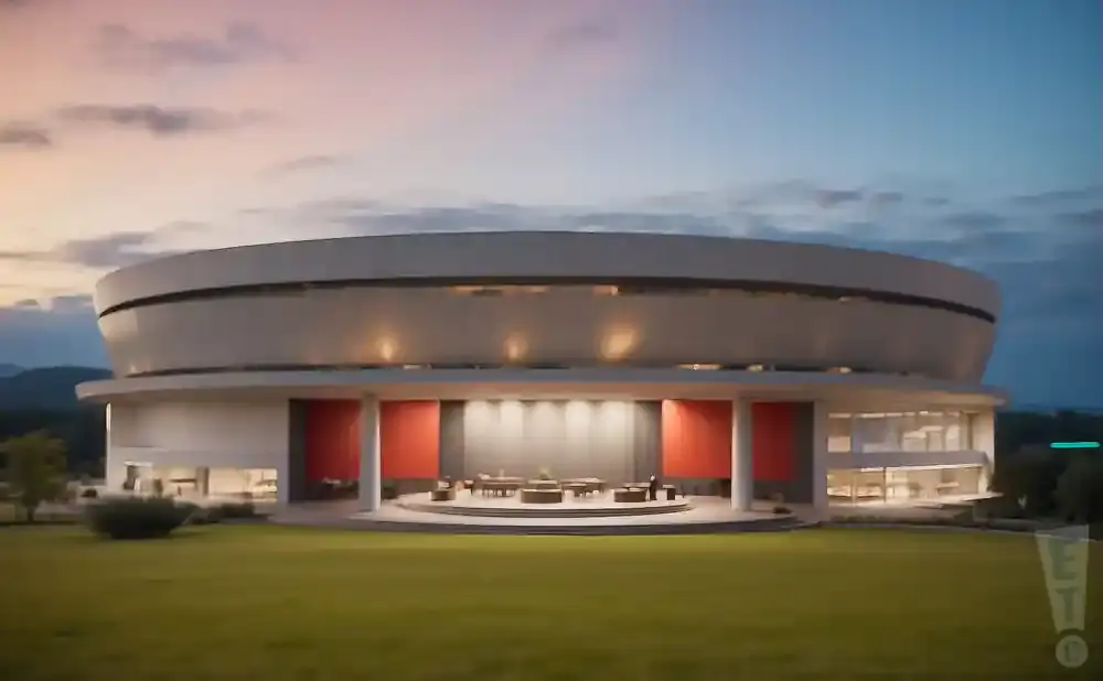 A modern, circular building with a wide green lawn in front under a twilight sky.