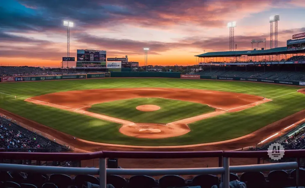 Baseball stadium at sunset with a view of the field, scoreboard, and stadium lights.