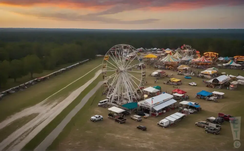 Aerial view of a carnival with a Ferris wheel, tents, rides, and food stands under a colorful sunset sky.