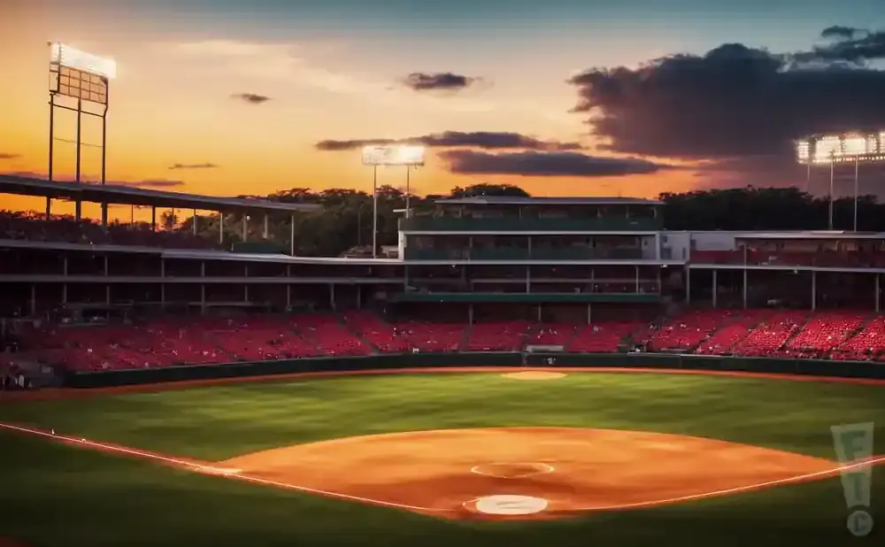 Baseball stadium at sunset with empty red seats and bright lights on.
