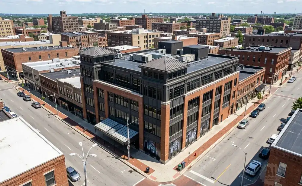 Aerial view of an urban intersection with brick buildings and parked cars.
