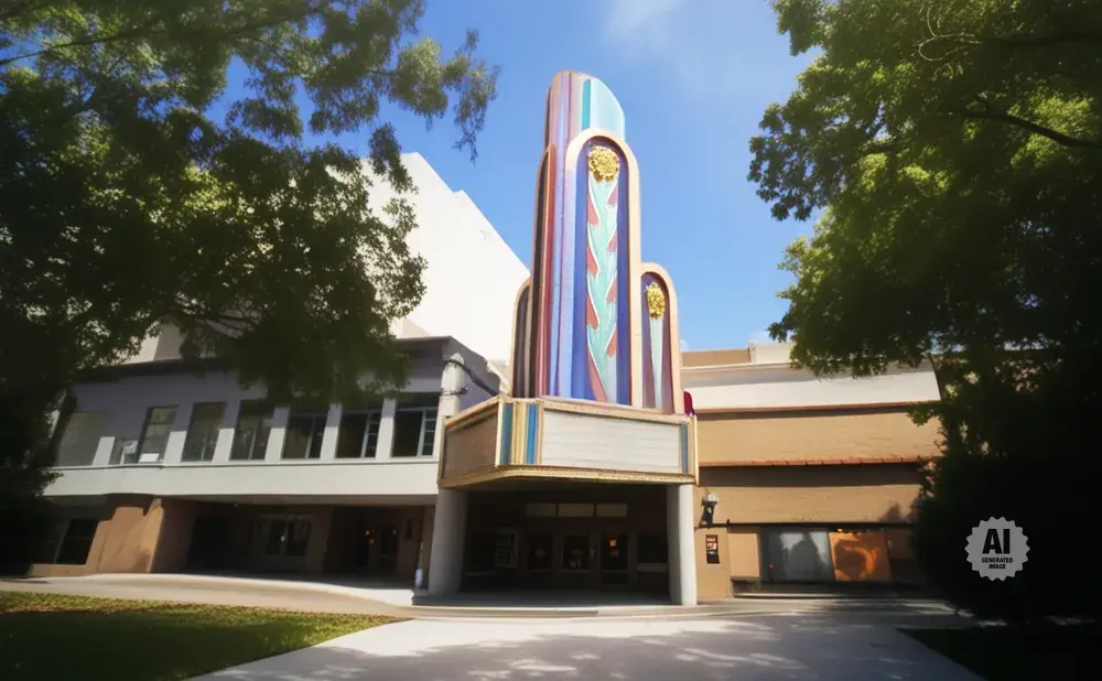 Art deco theater marquee with colorful vertical fins and an empty marquee sign.