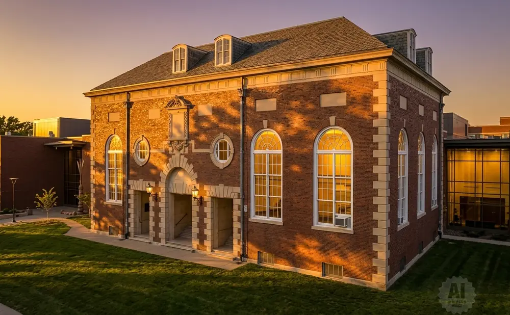 Brick building with arched windows and dormers bathed in golden sunset light, grass in foreground.