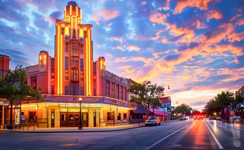 Art Deco theater lit up with neon lights at sunset, with a colorful sky and street in the foreground.