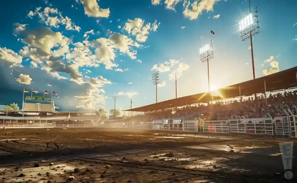 Rodeo arena with stadium seating and sunlit sky.