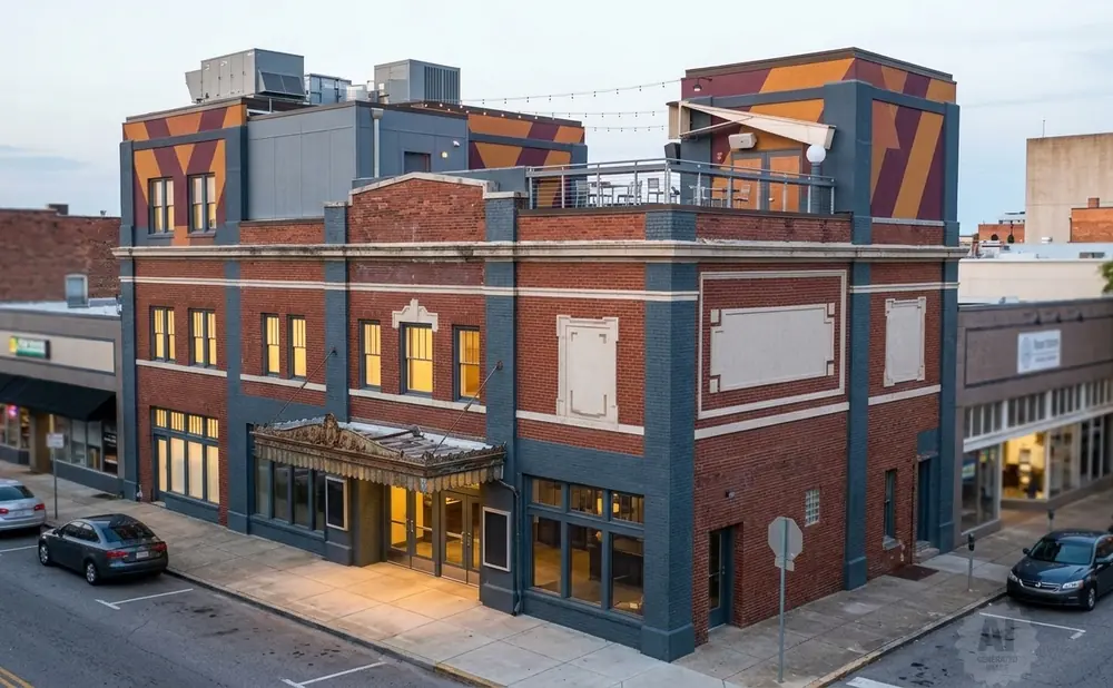A historic brick building with blue accents and a colorful patterned upper story on a city street.