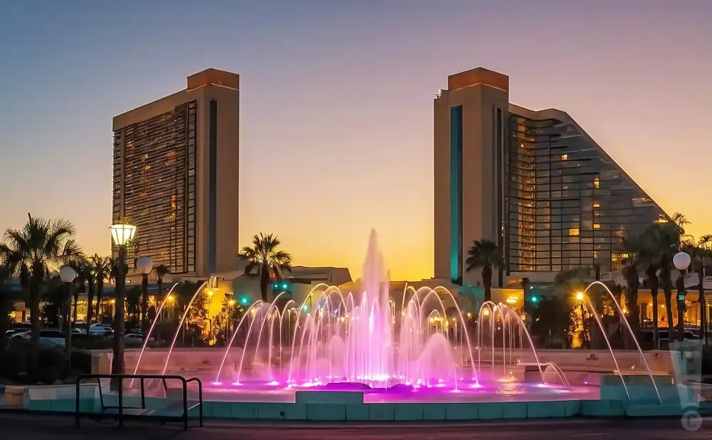 A lit fountain in front of two modern hotels at sunset.
