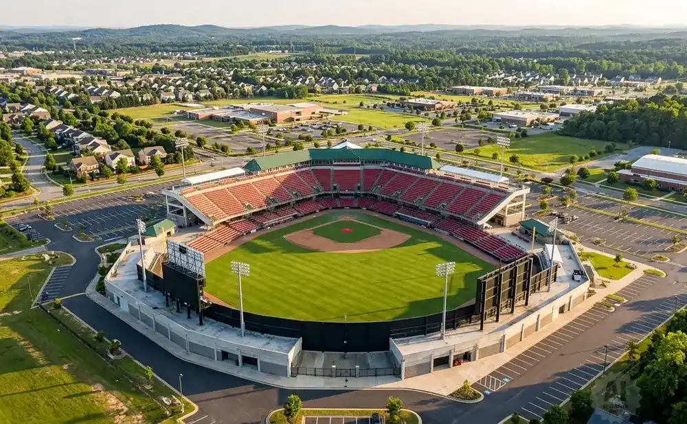 Aerial view of a baseball stadium with surrounding residential areas, businesses, and sports facilities.