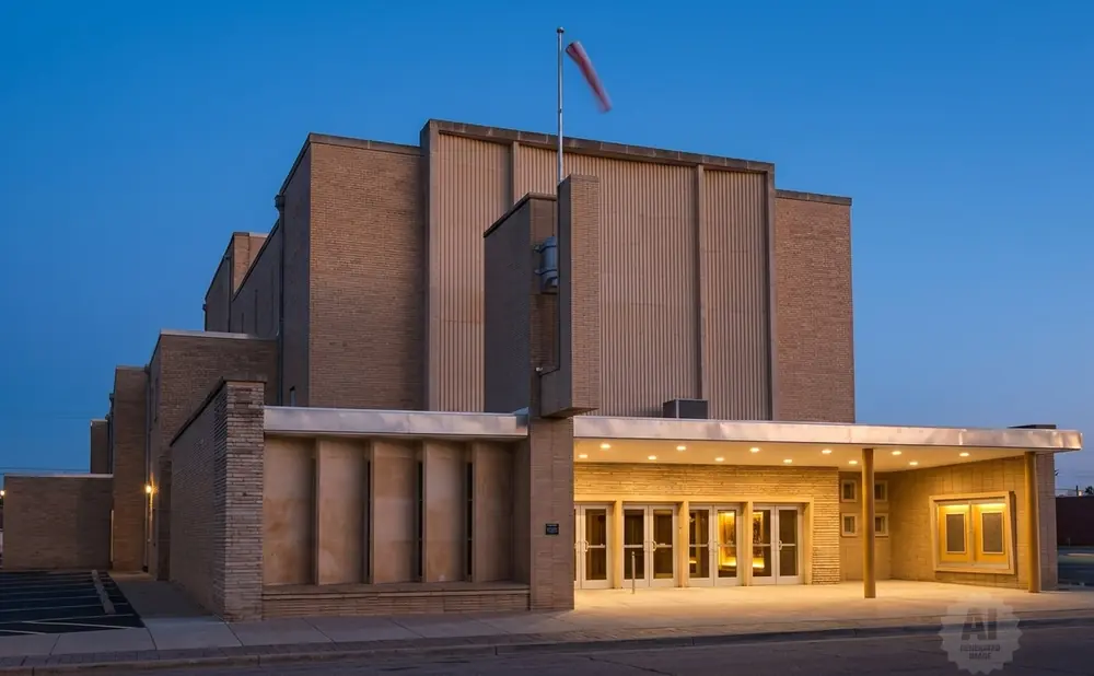 A tan brick building with a large entrance and a flag pole against a twilight blue sky.