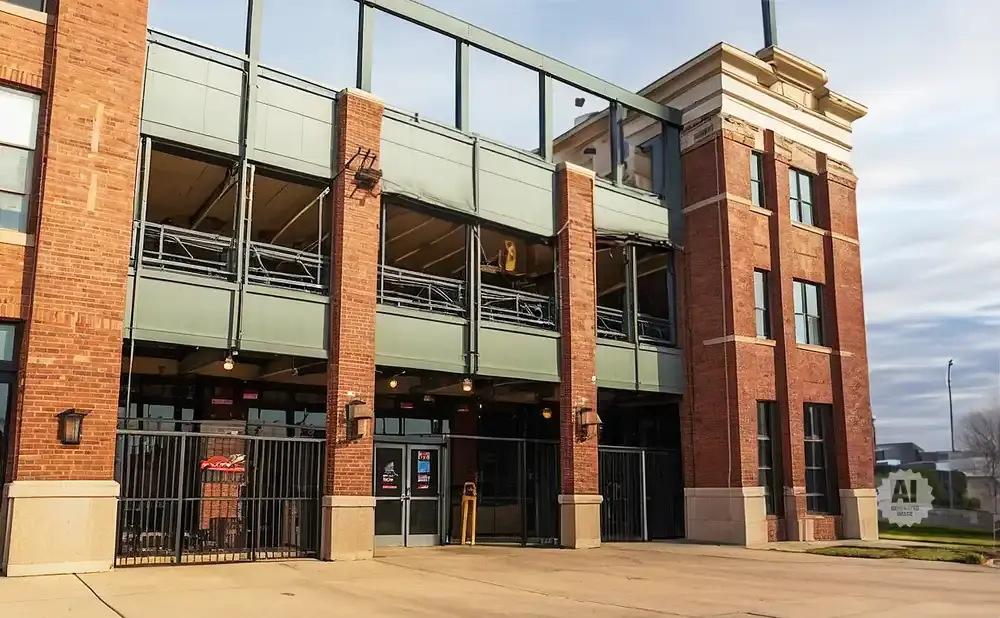 A brick building with an outdoor seating area on multiple levels.