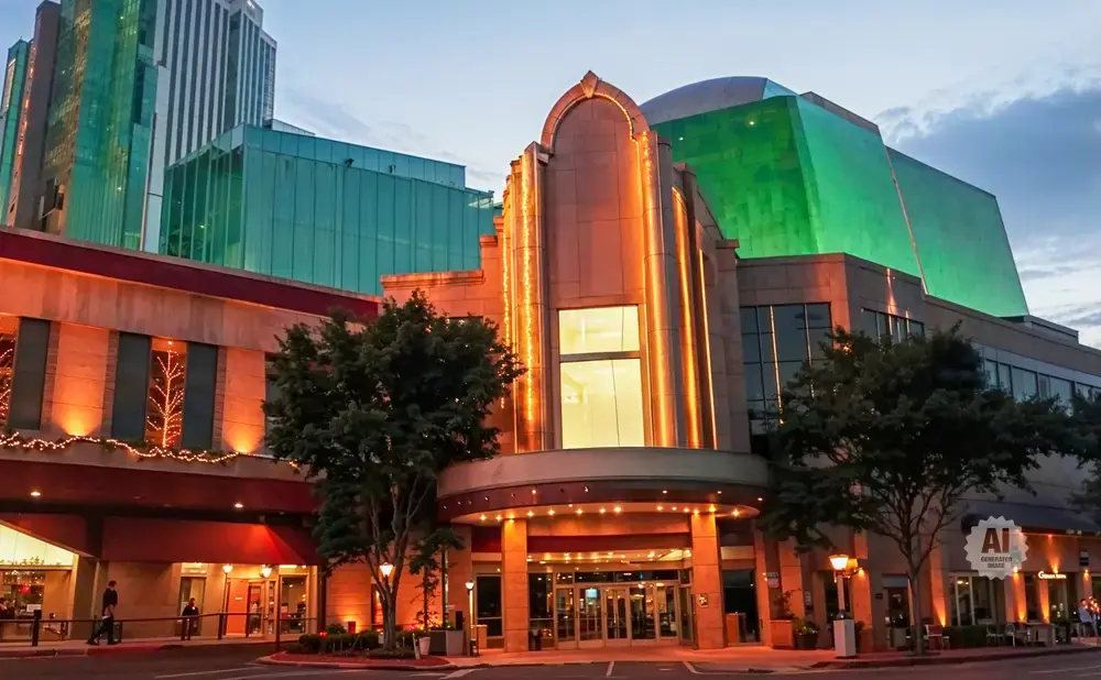 Modern building with green glass facade and warm lighting at dusk.