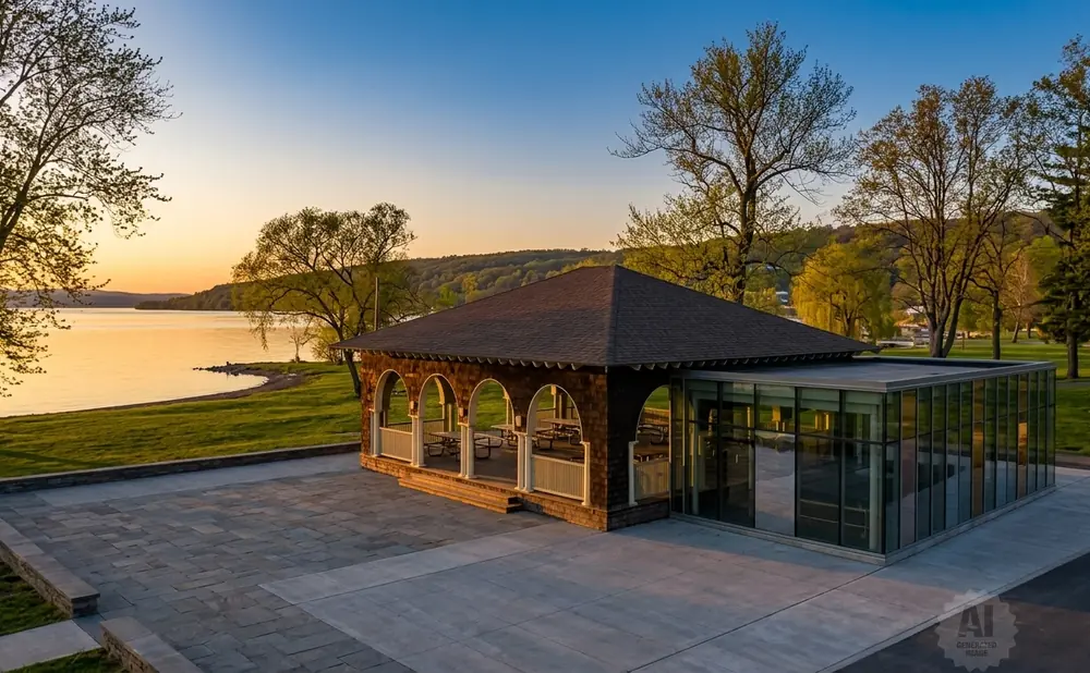 Gazebo with arched openings and a modern glass extension next to a lake at sunset.