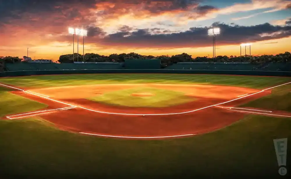 A baseball field at sunset with stadium lights and dramatic clouds.