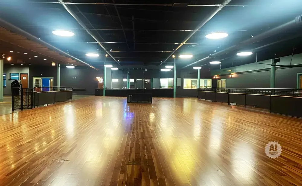 A large, empty dance hall with a polished wooden floor, dark walls, and bright overhead lights.