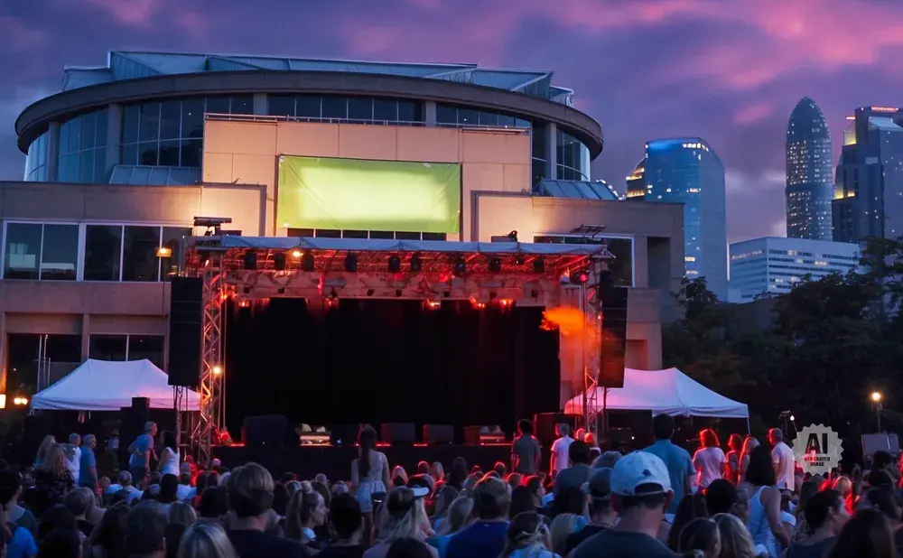 An outdoor concert stage is set up in front of a modern building as the sun sets.