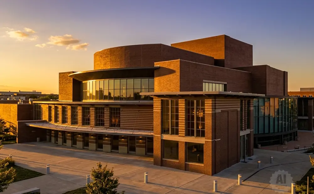 Modern brick building with large windows at sunset.