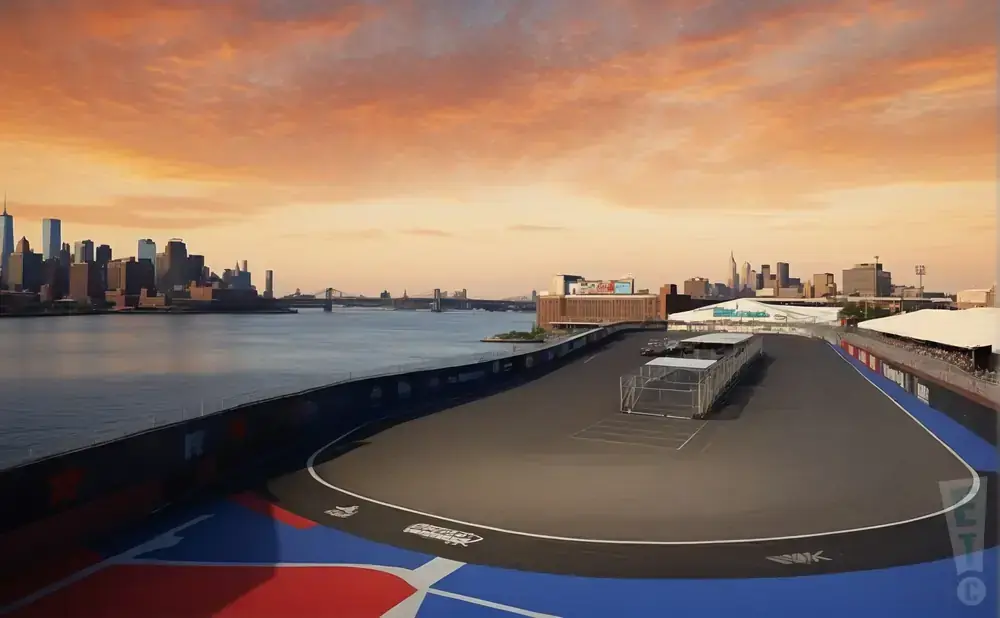 Formula 1 race track with NYC skyline and sunset in background.