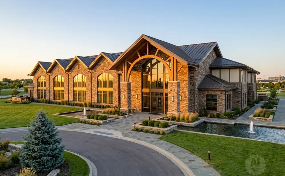 Stone building with arched windows and a prominent entrance, surrounded by manicured lawns and water features at sunset.