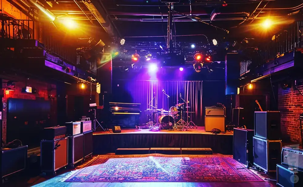 A concert venue stage with a drum kit, piano, amplifiers, and a rug on the floor, lit with purple and orange lights.