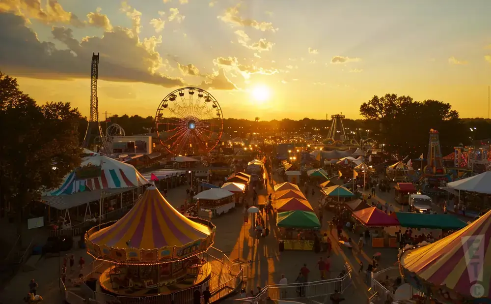 An aerial view of a bustling carnival at sunset, with a Ferris wheel, rides, and tents illuminated by the golden light.
