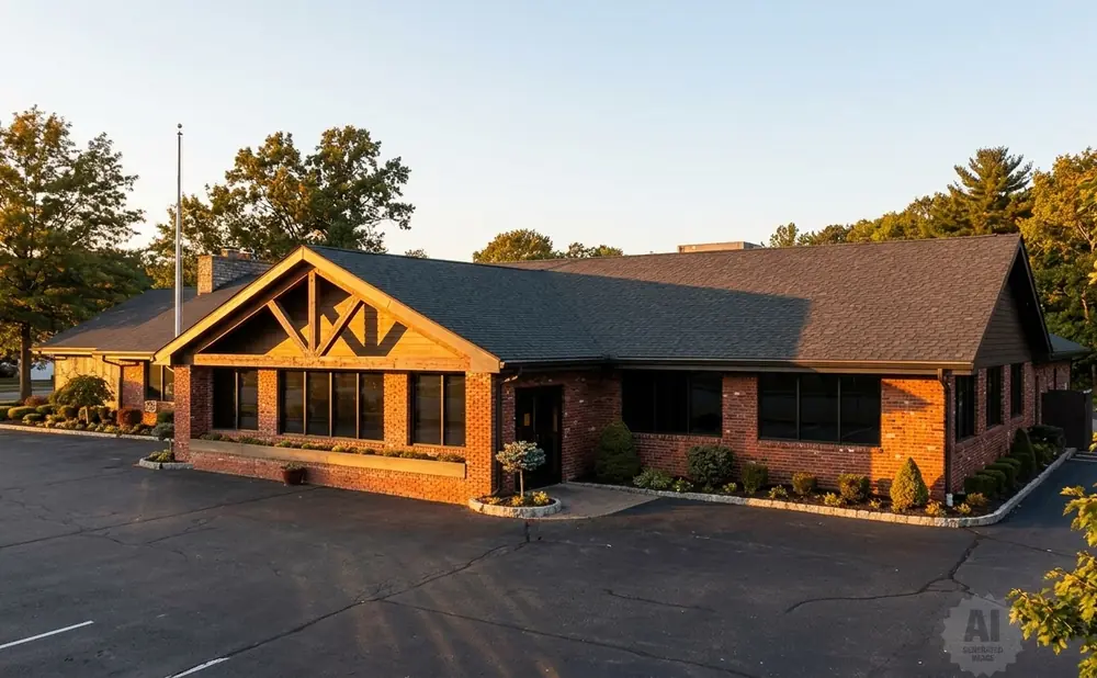Exterior view of a single-story brick building with large windows, a gabled roof, and landscaping, bathed in warm evening light.