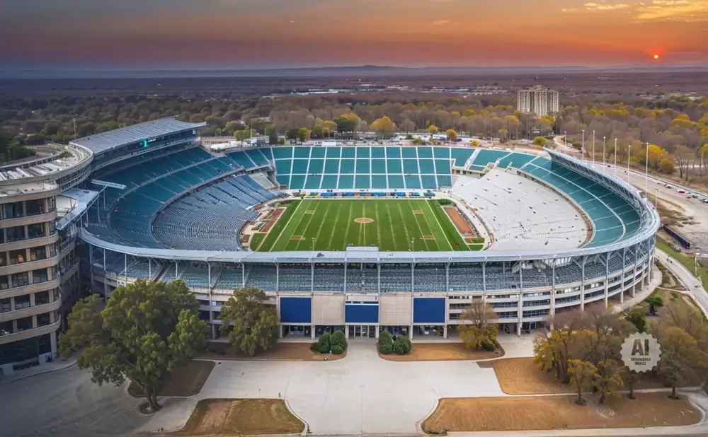 Aerial view of a football stadium at sunset.