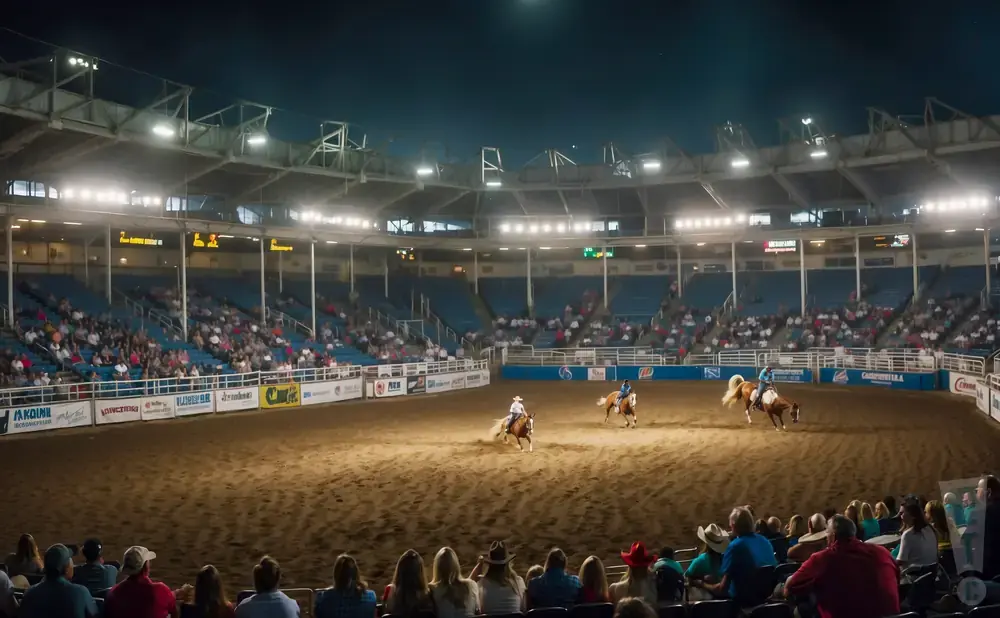 Rodeo arena at night with riders and horses, surrounded by spectators in stadium seating.