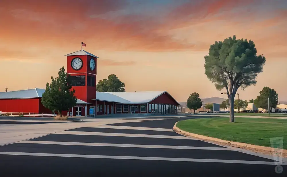 Red buildings with a clock tower at sunset with a crosswalk in the foreground.