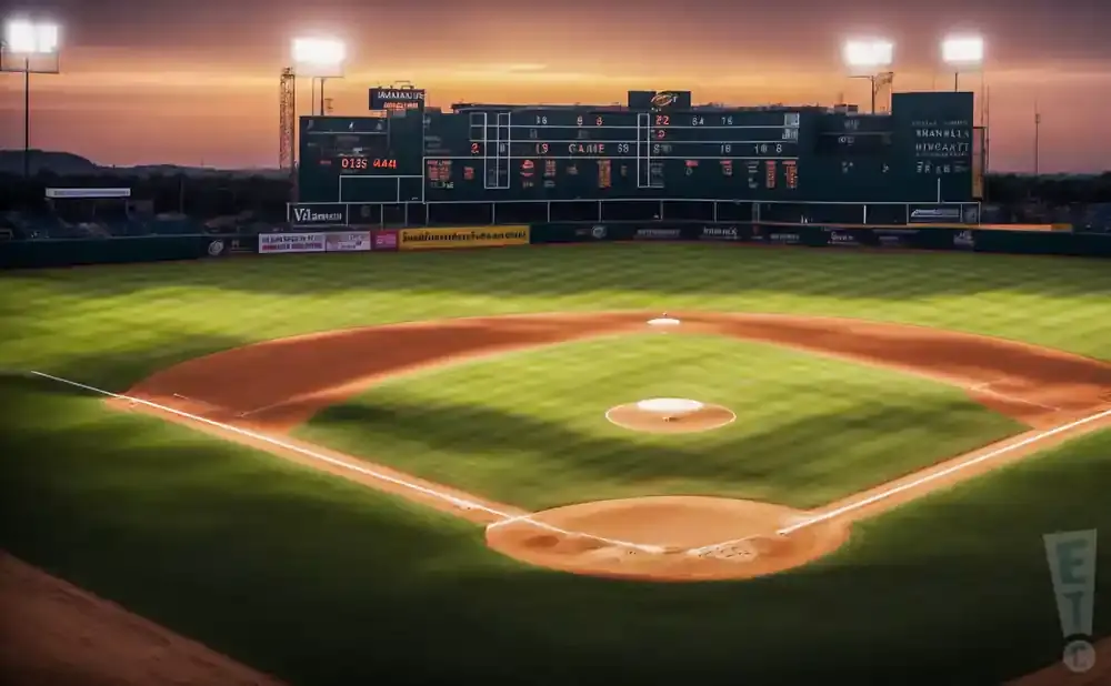 A baseball field during sunset, with stadium lights on and a scoreboard in the background.