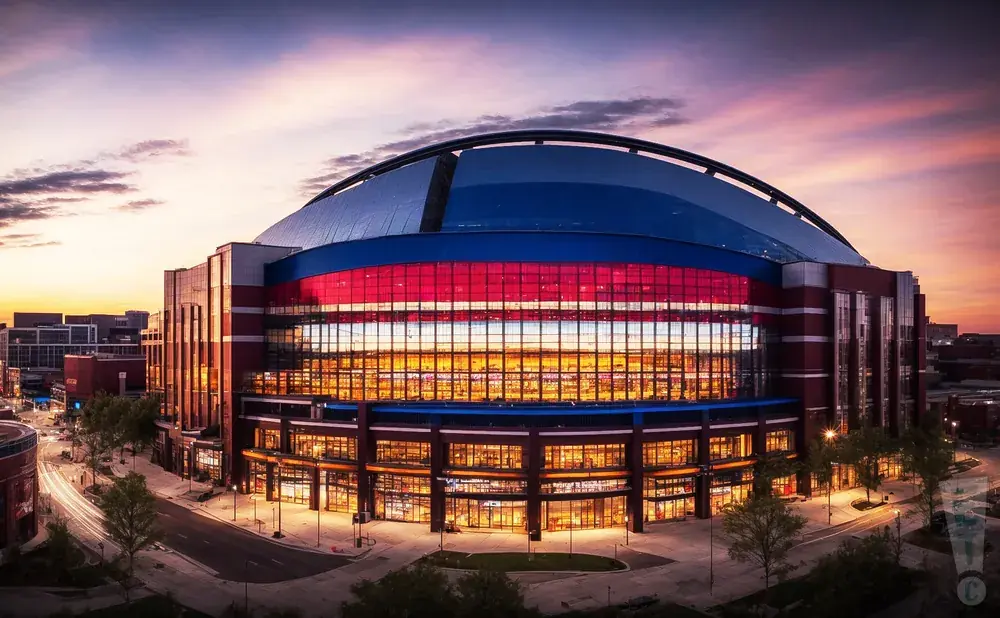 A large domed stadium lit up at sunset with red, white, and blue accents.
