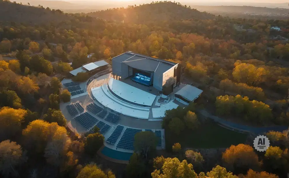 Aerial view of an outdoor amphitheater surrounded by autumn trees during sunset.