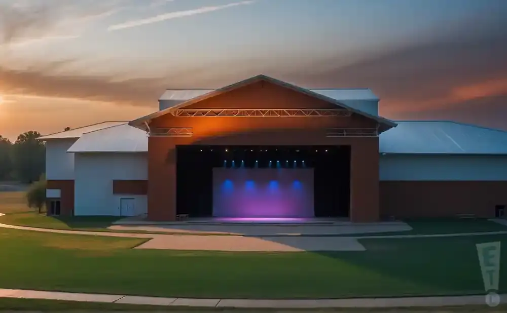 Outdoor amphitheater stage at sunset with blue and purple stage lights illuminating a white backdrop.