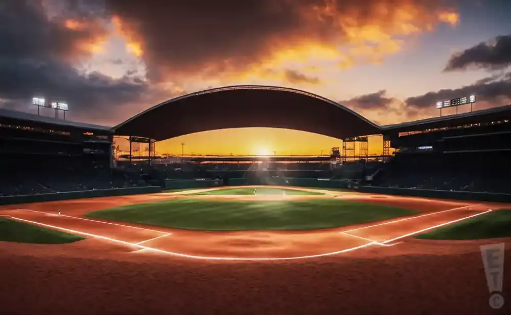Baseball stadium at sunset with dramatic clouds and stadium lights.