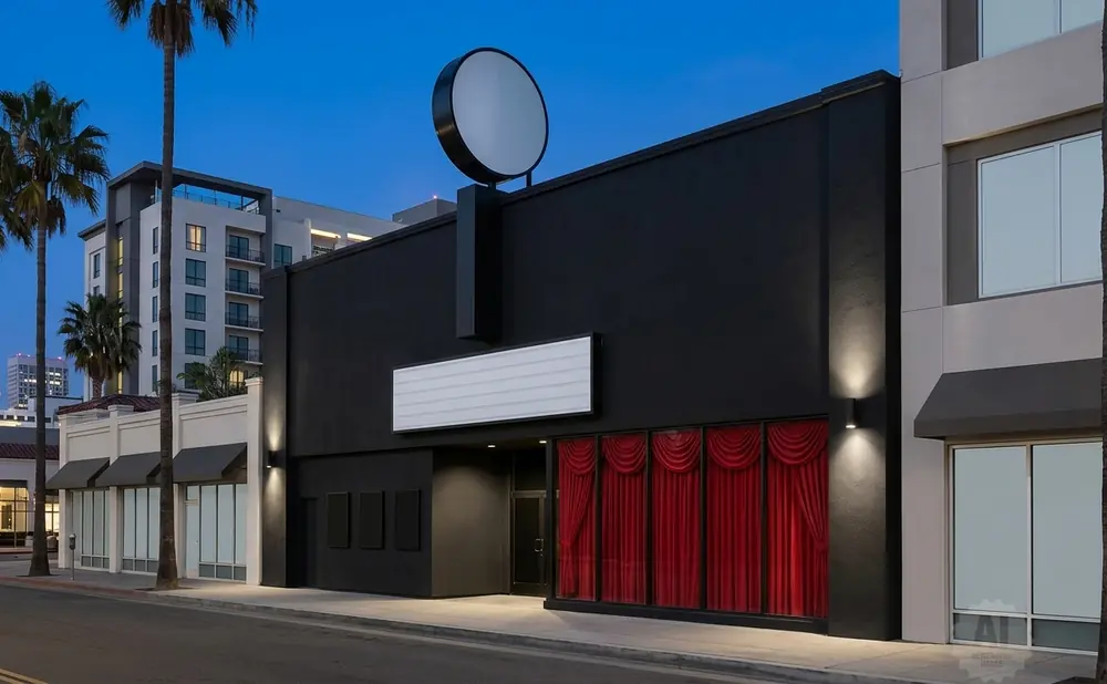 A modern building with a black facade, red curtains, and a blank marquee sign.