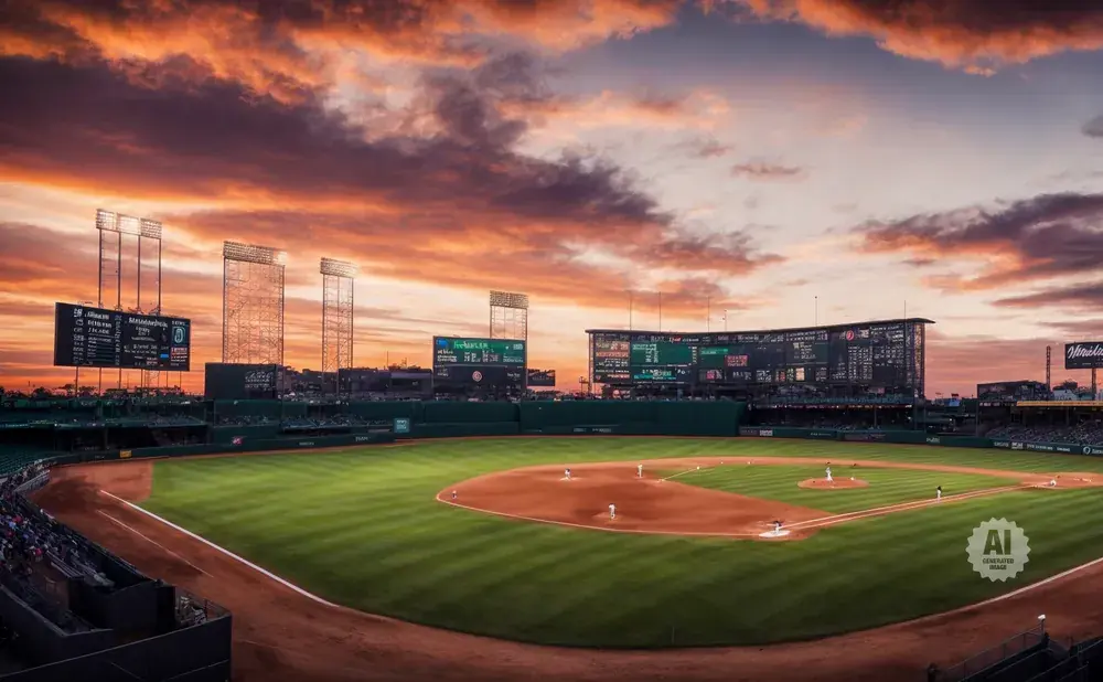 Baseball stadium at sunset with dramatic clouds and lights.